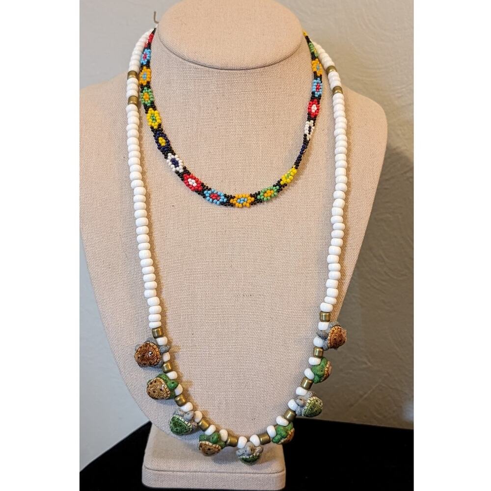 Glass Bead Ceramic Turtle Necklace & 70s Seed Bead Flower Choker